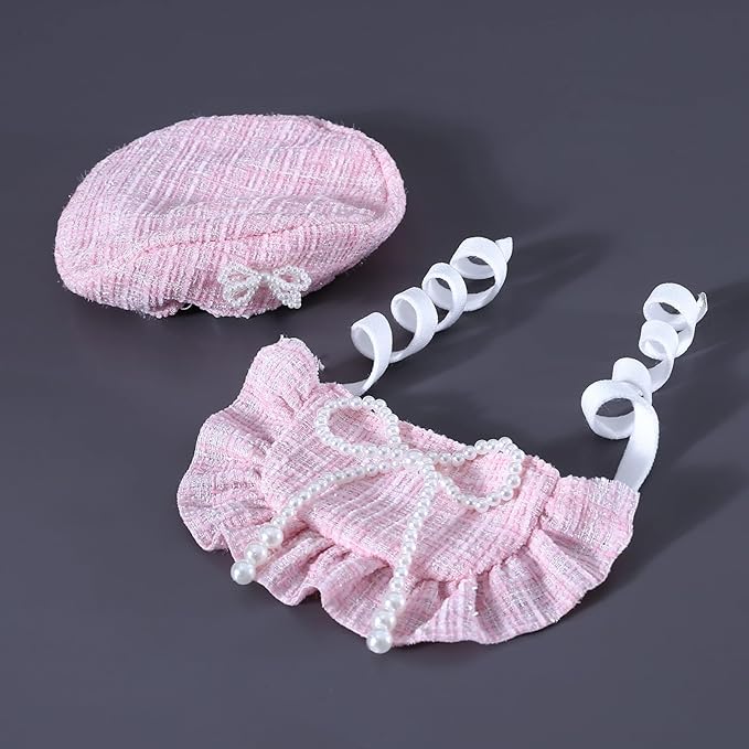 HOWWFALY 2PCS Cat Beret Hat with Pearl Bowtie, Adjustable Bandana Scarf Set Pet Princess Costume for Halloween Christmas, Cat Dog Birthday Party Apparel (Pink Pearl)