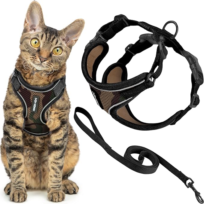 Voyager Escape-Proof Step-in Lock Cat Harness & 5ft Neoprene-Handle Leash Set All-Weather Mesh with Reflective Stitching for Small to Large Cats by Best Pet Supplies, Army (327), XXXS