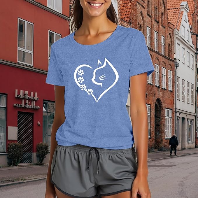 Cat Shirts for Women Cat Mom Tshirts Pet Lover Shirt Cats Paw Print Tee Tops