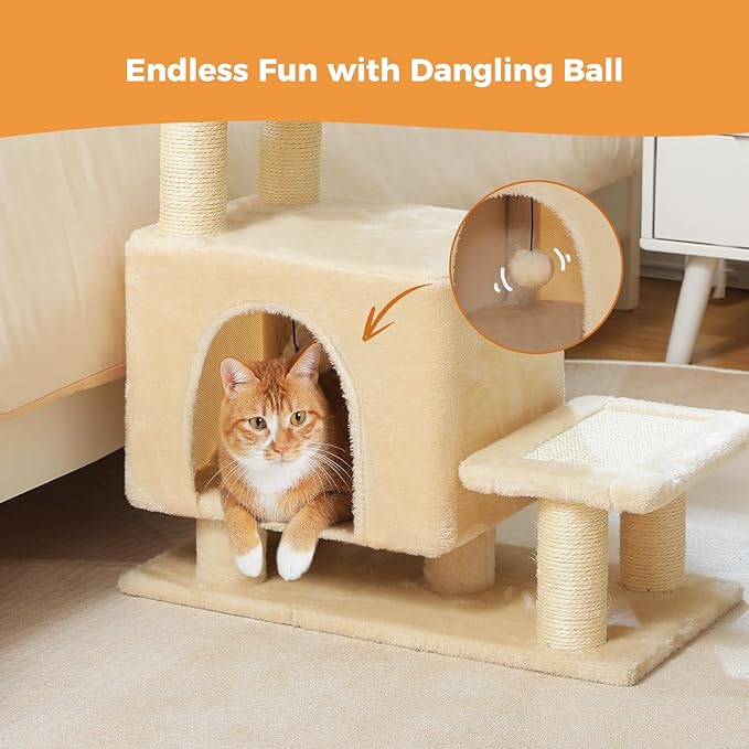 3-in-1 Dog Stairs & Cat Scratching Post with Condo, Pet Steps for High Beds, Sofa, Couch, Tall Cat Tower, High-Strength Boards for Indoor Small Cats Kittens Dogs Climbing Playing, 3 Steps-Beige