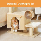 3-in-1 Dog Stairs & Cat Scratching Post with Condo, Pet Steps for High Beds, Sofa, Couch, Tall Cat Tower, High-Strength Boards for Indoor Small Cats Kittens Dogs Climbing Playing, 3 Steps-Beige