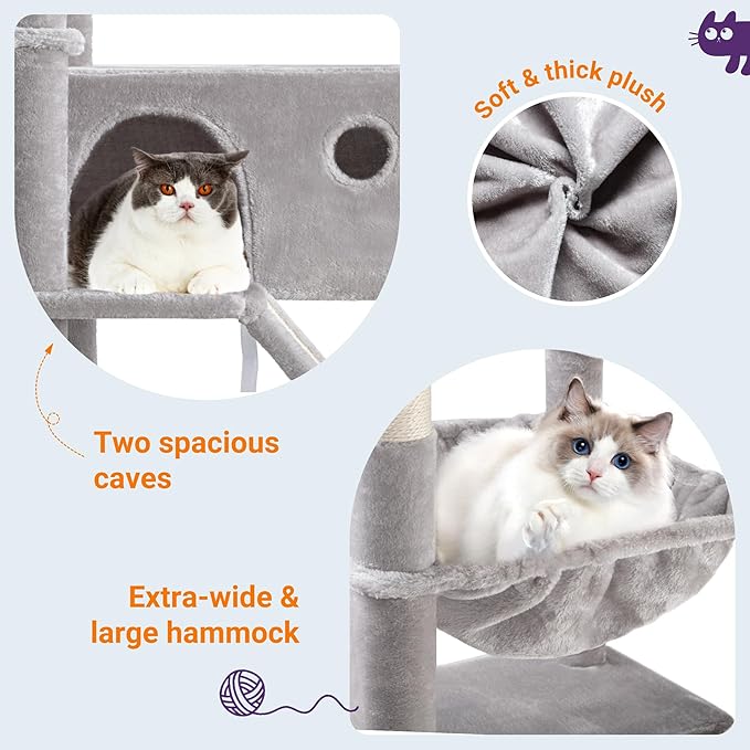 Allewie 81 Inches Tall Cat Tree/Multi-Level Large Climbing Tree House and Towers for Big Feline/Condo and Hammock/Scratching Post/Wide Base/Grey