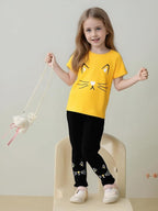 4-8T Toddler Girl Clothes Cat face print Short Sleeve Top+Pants Outfits Girl Spring and summer 2-Piece Set