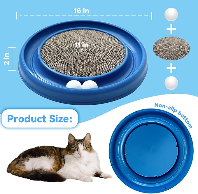 Interactive Cat Ball Track Toy for Indoor Cats, Cat Scratching Board & Exercise Set for Bored Indoor Adult and Kitten Mental & Physical Stimulation, with Spare Ball to Prevent Loss (Blue)