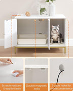 Feandrea Cat Litter Box Enclosure, Hidden Litter Box Furniture with Scratch Pad, Front Entry, Double Cabinet Doors, Modern Style, 31.5" Cat House Washroom Side End Table, White and Gold