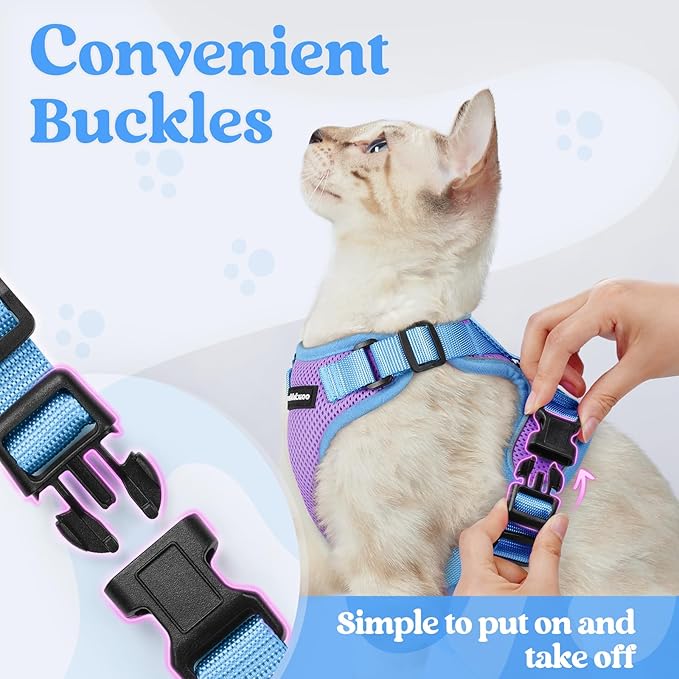 rabbitgoo Cat Harness and Leash Set, Escape Proof Soft Adjustable Vest Harnesses for Outdoor Walking, Easy Control Breathable Kitten Jacket with Reflective Strips, Purple & Blue, XXS