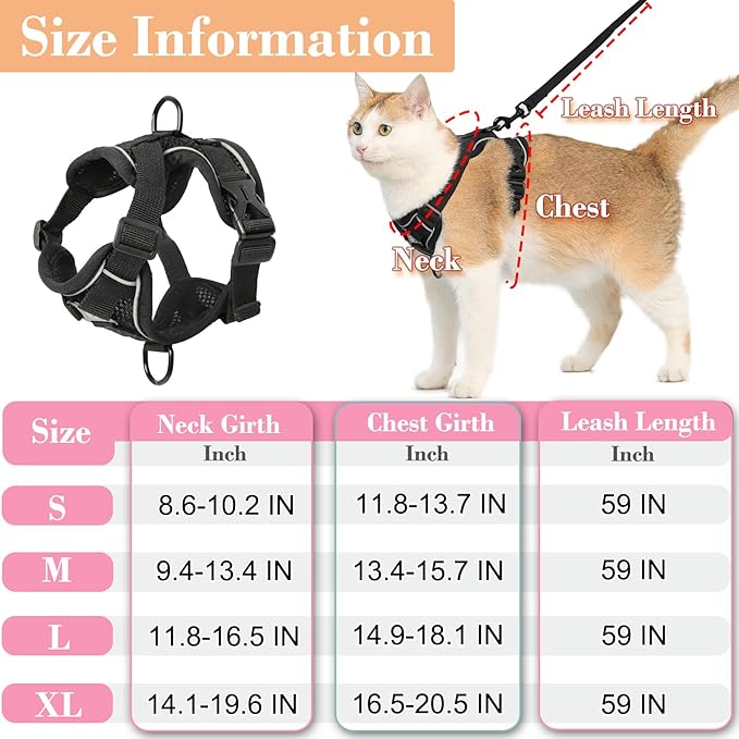 Cat Harness and Leash, Reflective Cat Harness Escape Proof for Walking, Adjustable Kitten Harness and Leash Set, 4 Buckles Easy Control Breathable Cat Vest Harness for All Types of Cats