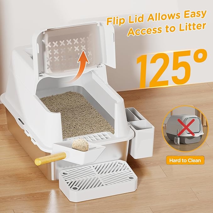 Stainless Steel Litter Box with Lid, XL Closed Metal Litter Box Modular Design with Flip Lid Fits All Cats, Extra Large Covered High Sided Cat Box, Scoop, Non-Sticky, Easy Cleaning (White)