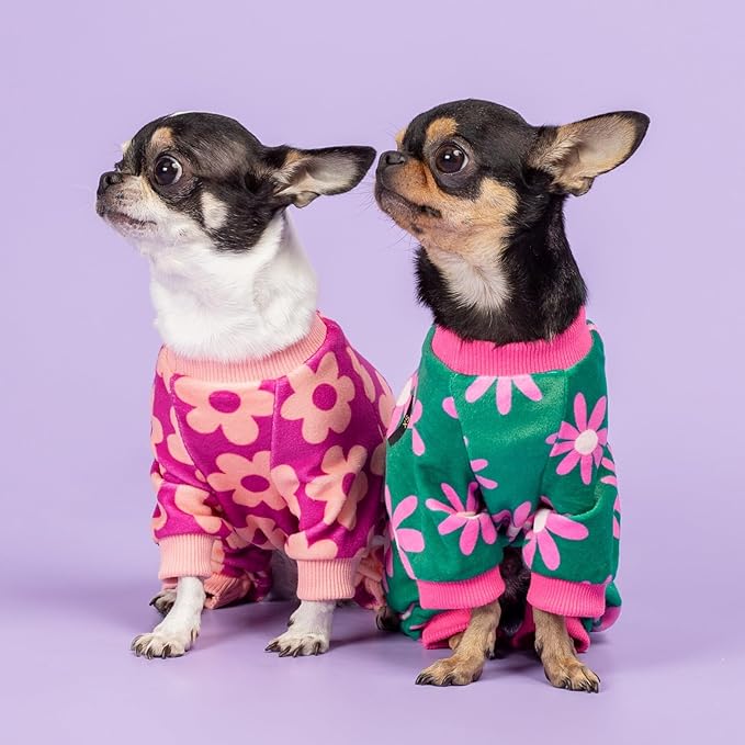 Fitwarm Flower Fleece Dog Pajamas, Warm Winter Dog Clothes for Small Dogs Girl, Cozy Pet Onesie with Feet, Pink, Small