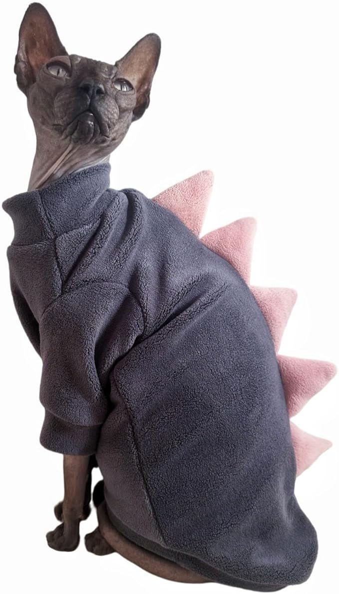 Dinosaur Sphynx Cat Clothes, Soft Polar Fleece Sweater for Cat, Elastic Pet Clothes Thick Winter Warm Outfit for Hairless Cat, Devon, Cornish, Small Dogs Apparel with Sleeves (Grey, Small)
