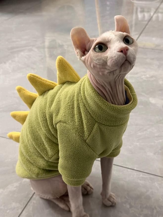 Dinosaur Sphynx Cat Clothes, Soft Polar Fleece Sweater for Cat, Elastic Pet Clothes Thick Winter Warm Outfit for Hairless Cat, Devon, Cornish, Small Dogs Apparel with Sleeves (Green, XX-Large)