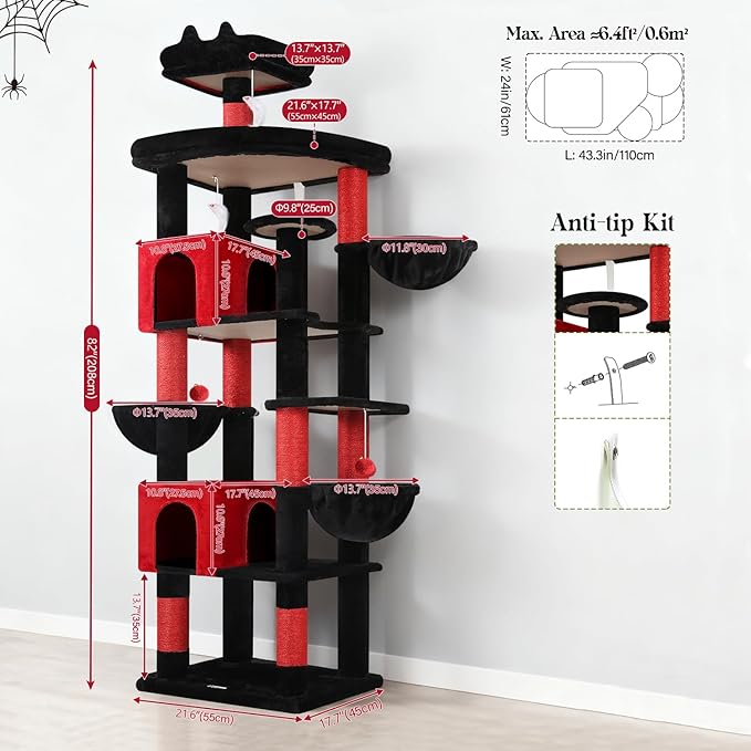 Globlazer Extra Large Gothic Cat Tree Tower, 82in Tall Goth Heavy Duty Cat Tree for Indoor Cats Large Adult Big Cat Tower with 8 Scratching Posts, 2 Condos, 2 Perches, 3 Basket Beds, S82, Red Black