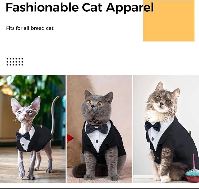 DENTRUN Cat Tuxedo Outfit, Sphynx Cat Costume Formal Suit with Bow Tie, Stylish Cat Shirt Fashion Apparel Fancy Clothes, Kitten Formal Attire Wedding Onesie Costume for Cats Only