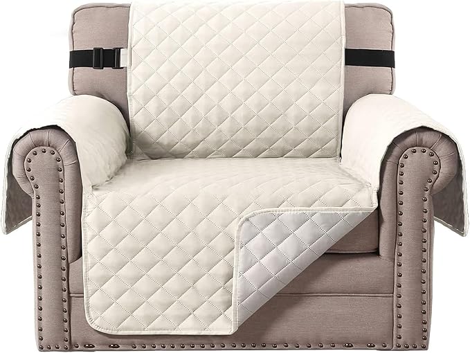 H.VERSAILTEX Chair Slipcover Reversible Chair Cover Water Resistant Couch Cover Washable Chair Cover Non-Slip Fabric Furniture Protector with Elastic Strap for Pets(Armchair, Ivory/Beige)