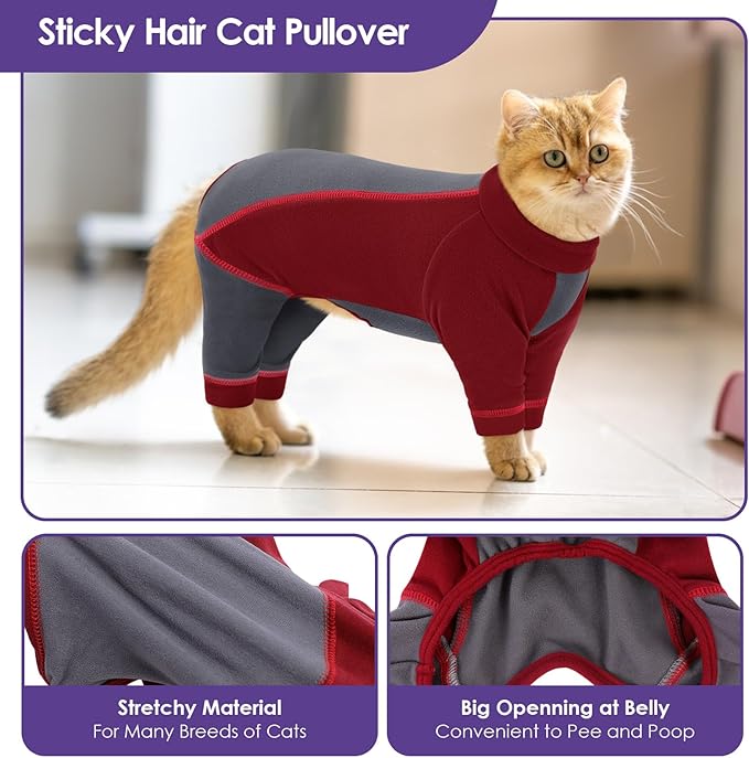 SUNFURA Hair Sticky Cat Clothes, Cat Sweater for Cats Only, 4-Legged Fleece Sweaters Kitten Pajamas Reduce Shedding Fur, Warm Pullover Shirts for Cats, Red XL