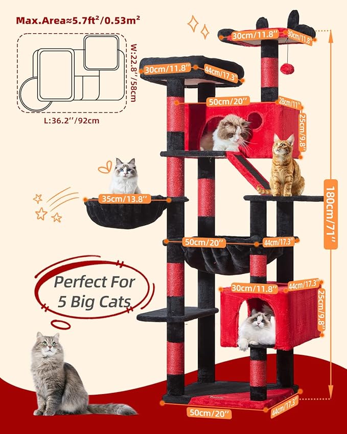 Taoqimiao Gothic Cat Tree 71-Inch, Cat Tower for Indoor Cats Large Adult, Multi-Level Large Cat Condo, 8 Sisal Scratching Posts, Metal Frame Cozy Hammock, Scratch Board, 2 Top Perches, MS026LBR