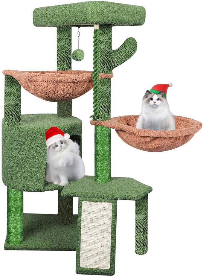 Wang Xin Three Layer Cat Tree with Cat Condo Scratch Pad and Two Hammocks,Green …