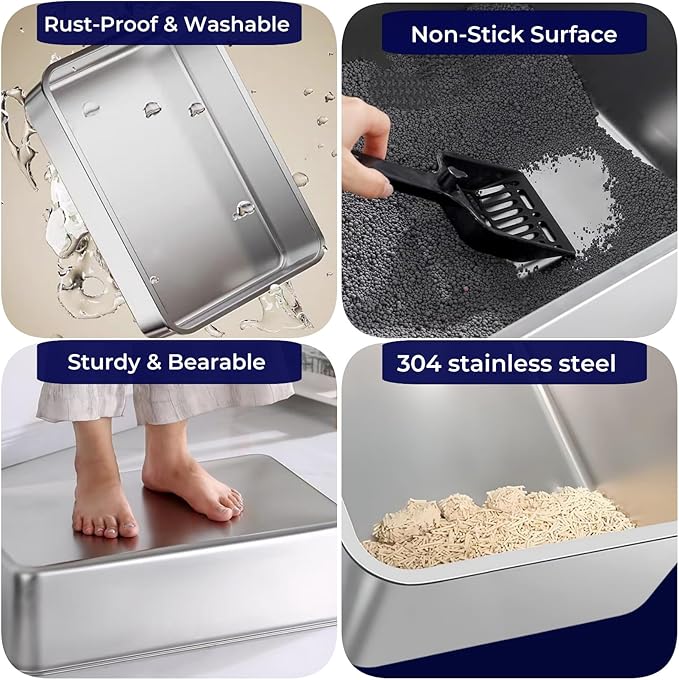 2 Pack Stainless Steel Cat Litter Box with High Sides - Metal Cat Pan, Large Indoor Litter Tray, Never Absorbs Odor, Pet Toilet Supplies Smooth Surface for Kitten, Kitty, Rabbit 19.7"x13.8"x8"