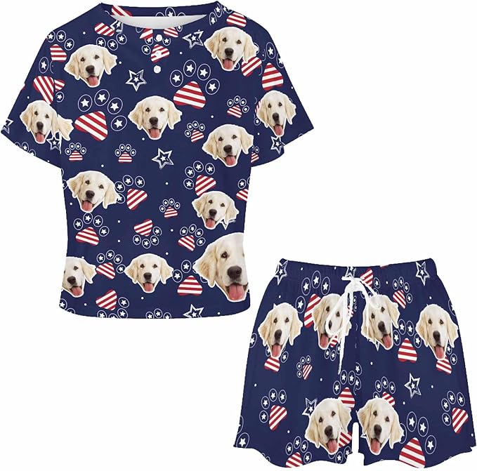 D-Story Custom Short Pajama Set with Pet Face Personalized Photo Sleepwear 2 Pieces Pjs Nightwear Xmas Gift for Women