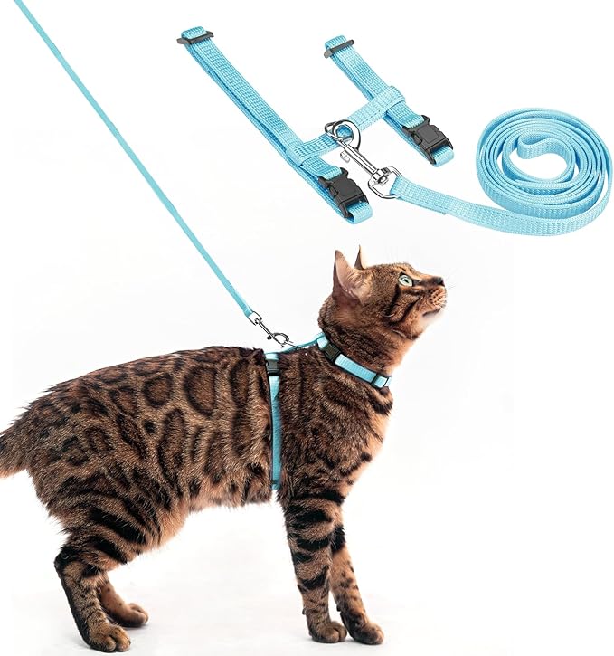 PUPTECK Adjustable Cat Harness and Leash Set Escape Proof Kitten Strap Collar for Walking Travel, Sky Blue, M