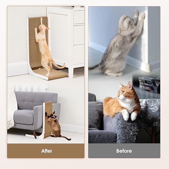 EHEYCIGA Cardboard Cat Scratcher for Indoor Cats, 26.8 Inch L Shaped Vertical Cat Scratching Board with Ball Cat Toy, Large Cat Scratcher Pad, White