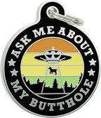 Bad Tags Personalized Dog and Cat ID Tags in 25+ Designs and 2 Sizes - 5 Lines of Custom Engraved Text - Funny Cute Personalized Pet Tags (Ask Me About My Butthole - Black, Large (1.25 inch))