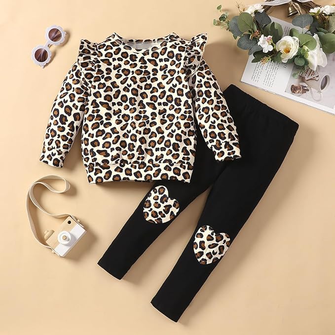 Little Girls Unicorn Outfits 2 Piece Kids Ruffle Sleeve Sweatshirt + Leggings Fall Leopard Clothing Sets 2-10 Years Old
