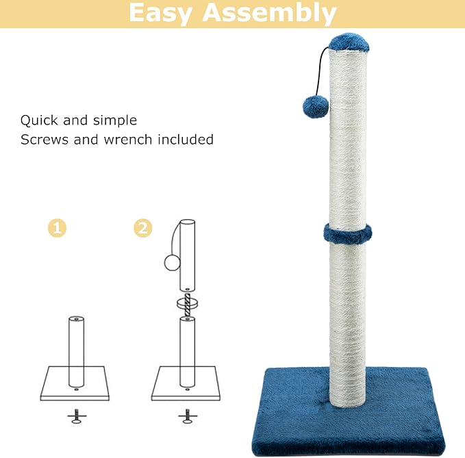 Dimaka 34" Height Tall Cat Scratching Post, Claw Scratcher with Sisal Rope and Covered with Soft Smooth Plush, Vertical Scratch [Full Strectch] Cats (Blue, 34 inches for Large Cats)