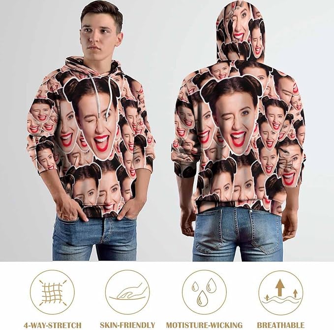 Artsadd Custom Face Unisex athletic Pockets Sweatshirt Loose Hoodie Custom Christmas Long Sleeve Sweatshirt Hooded Pullover