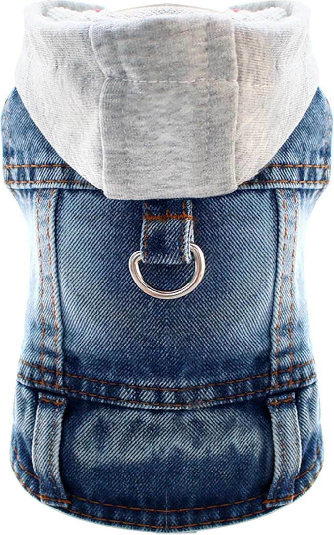 Cool Dog Jean Jacket Vest with D-Ring Blue Denim Dogs Hoodies Outfits for Small Medium Dogs Cats Boy Male Dog Clothes Costume Dogggie Puppy Harness Coat for Frenchie Walking(Grey Hat,L)