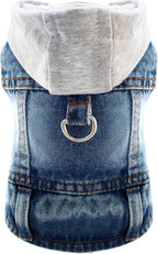 Cool Dog Jean Jacket Vest with D-Ring Blue Denim Dogs Hoodies Outfits for Small Medium Dogs Cats Boy Male Dog Clothes Costume Dogggie Puppy Harness Coat for Frenchie Walking(Grey Hat,L)