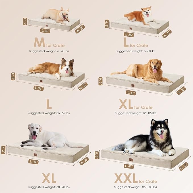 EHEYCIGA Waterproof Dog Bed Orthopedic 30"x20", Memory Foam Pet Bed for Medium Dogs, Washable Pet Mat with Removable Cover, Beige
