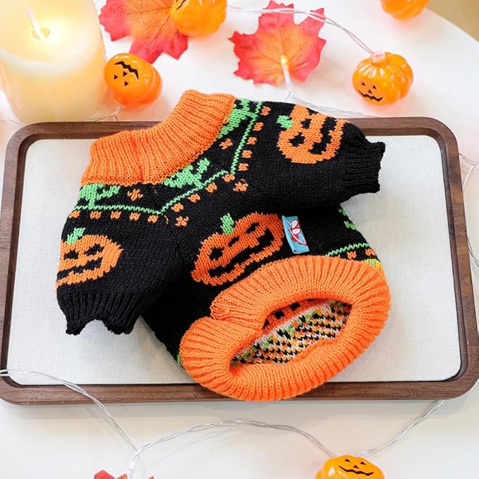 ANIAC Halloween Small Dog Sweater Pumpkin Cat Turtleneck Knitwear Warm Pet Halloween Costume Pumpkin cat Outfit Holiday Puppy Dog Clothes for Girl Boys (Black+Orange, Large)