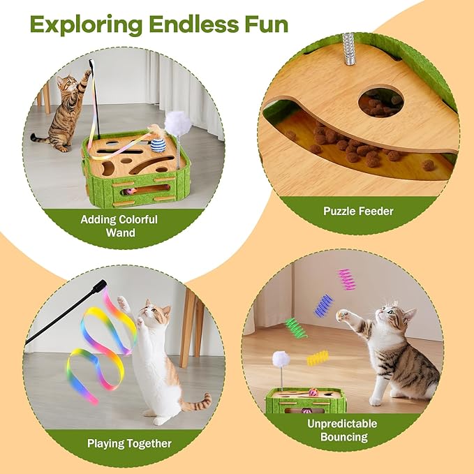 5-in-1 Cat Toys Interactive Wooden Cat Puzzle Toy Intelligence Treat Puzzle Feeder Box Game Enrichment Accessories with Jingle Balls, Wands, and Spiral Springs for Indoor Kitten Adult Cat