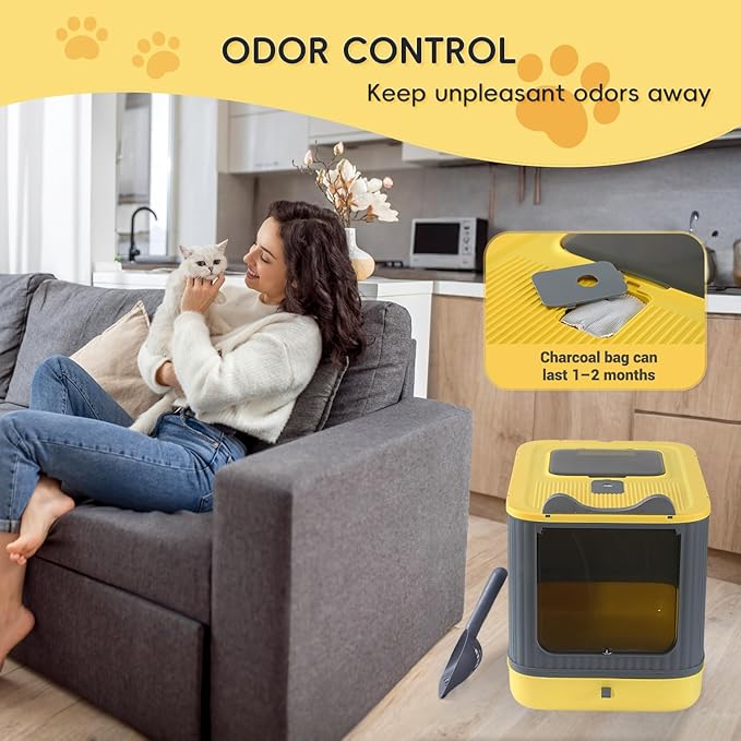 Upgraded Fully Enclosed Cat Litter Box with Lid, Covered Cat Box Enclosure, Anti-Splashing Easy to Clean Kitty Litter Boxes with Drawer, 3 Modes can Use from Kitten to Adult(Yellow&Grey)