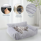 Cute Cat Couch Bed for Indoor Cats, Fluffy Pet Cat Sofa with Premium Soft Corduroy Fleece, Cute Small Dog Beds for Small Dogs, Fuzzy Puppy Chair with Removable Washable Cover (24x18x10,Grey)
