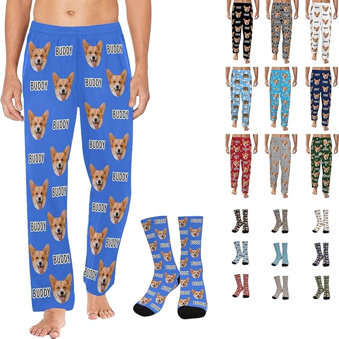 Artsadd Personalized Christmas Pajama Pants Socks for Men Custom Photo Pajama Bottoms for Men S-XXL