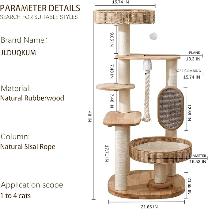 Wooden Cat Tree for Large Cat, Tall Cat Tower with Scratching Post for Indoor Cats, Multi-Level Cat Condo with Hand-Woven Cat Bed and Scratching Board Easy to Clean (48IN)
