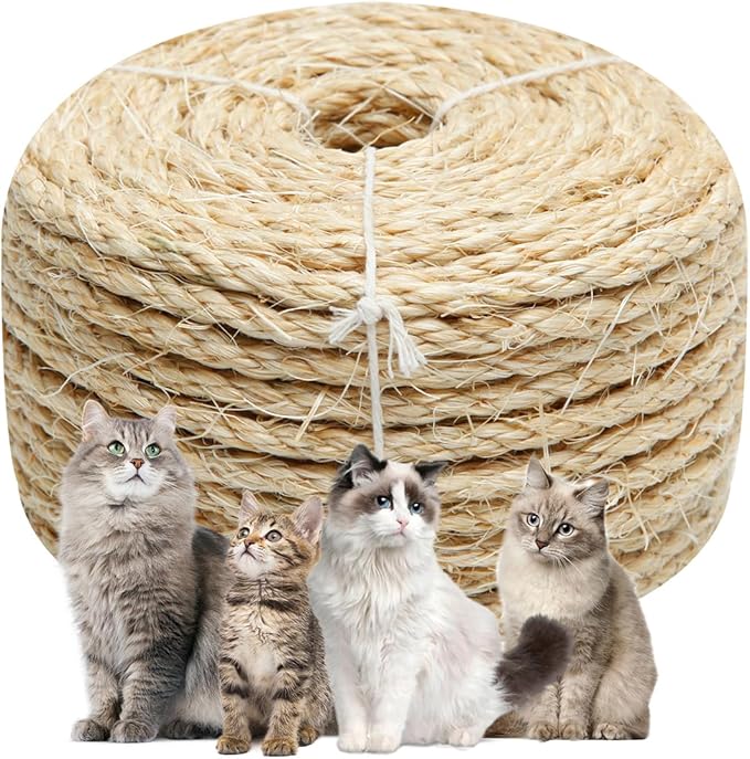 Cat Natural Sisal Rope 1/4 Inch 6mm 98-Feet for Cat Scratching Post Tree Tower Replacement Repair and Replace, DIY Hemp Twine Rope for Cat Scratching Furniture Window Perch and Crafts Gardening