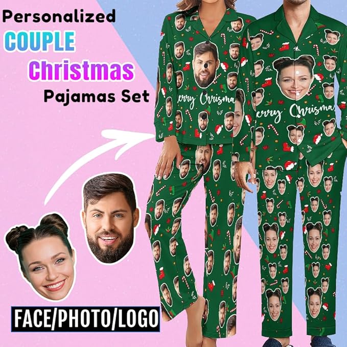 Custom Face Pajamas for Women Men,Personalized Dog Cat Pet Pajamas Set,Christmas Long Sleeve Sleepwear Pjs