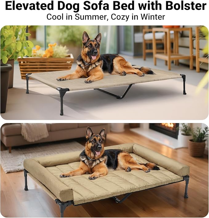 Veehoo Cooling Elevated Dog Bed Add Removable Waterproof Bolster Cushion Mat, Raised Pet Cot with Breathable Teslin Mesh, No-Slip Feet, Dog Couch Bed for Indoor Outdoor, 53 inches, Beige Coffee