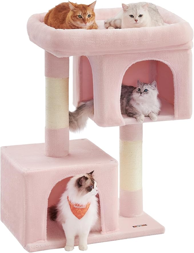 Feandrea Cat Tree, 40.6-Inch Cat Tower, Plush Condo for Extra Large Cats up to 44 lb, Large Perch, 2 Caves, Scratching Post, Jelly Pink UPCT614P01