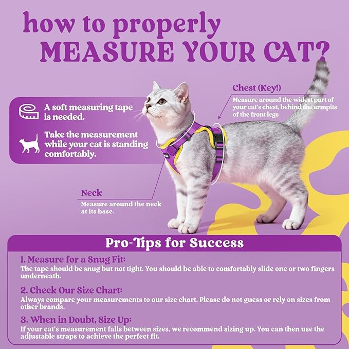 rabbitgoo Cat Harness and Leash for Walking, Escape Proof Soft Adjustable Vest Harnesses for Cats, Easy Control Breathable Reflective Strips Jacket, Purple&Yellow,S