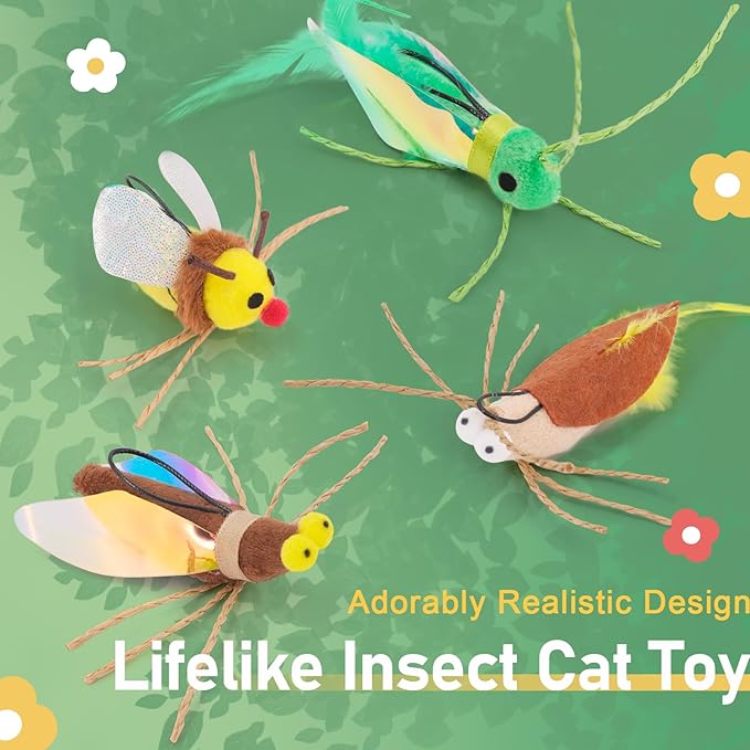 SONGWAY Cat Bug Toy Wand - Insect Interactive Cat Toys with Retractable Teaser Wand and 4 Pcs Bug Toy Feather Replacements for Cats Kittens