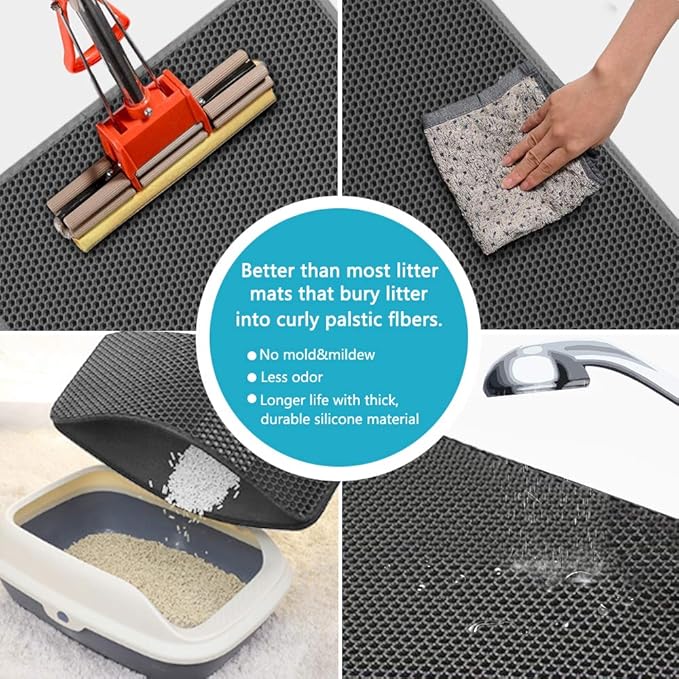 Cat Litter Mat, 30"X24" Large Double Layer Litter Trapping Mat, Waterproof/Urineproof, Easy to Clean Kitty Litter Mats for Floor, Scatter Control (Grey-1Pack)