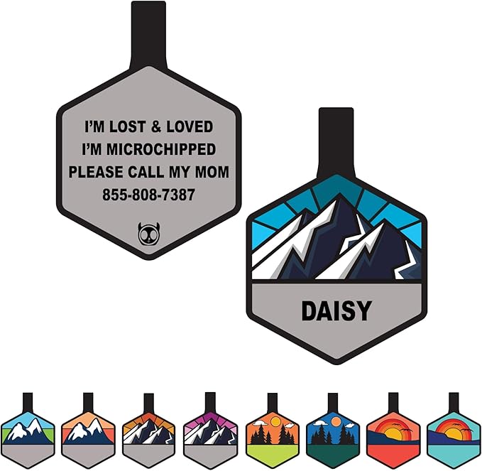 Silent Dog Tag Personalized with 5 Lines of Custom Deep Engraved Durable Soundless Silicone Pet ID Name Tag Hexagon Mountain Blue