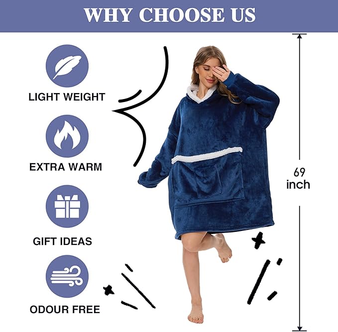 Wearable Blanket Hoodie with Giant Pocket, Soft Warm Sherpa Fleece Oversized Blanket Sweatshirt Gifts for Women Men