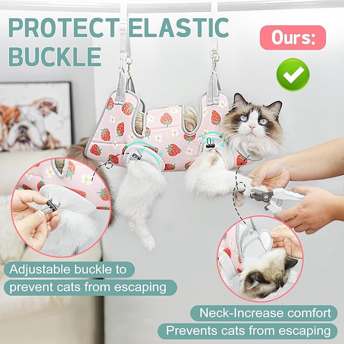 Supet Cat Grooming Hammock Harness for Nail Trimming, Cat Grooming Hanging Sling for Nail Clipping, Pet Restraint Holder for Cutting Nails, Medicine, Ear & Teeth Cleaning, Eye Care (Strawberry S)