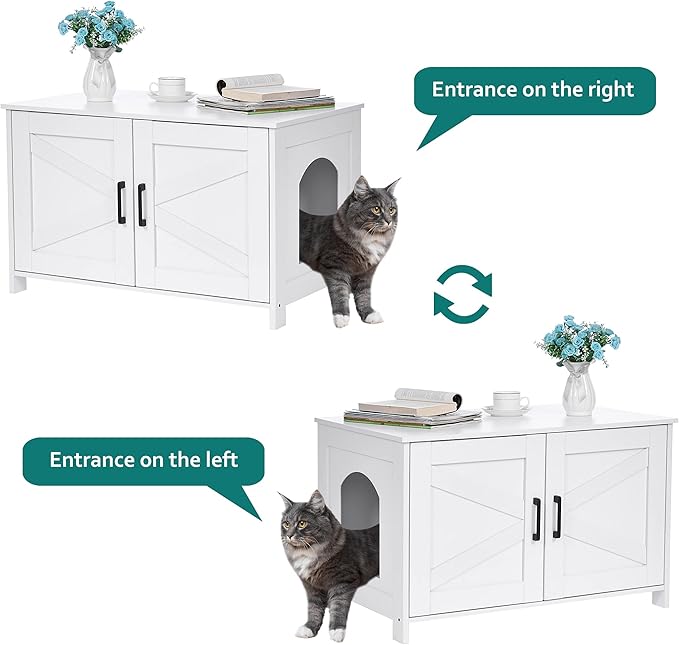 Homhedy Cat Litter Box Enclosure, Wooden Cat Washroom Furniture with Barn Door, Pet House, Fit Most of Litter Box, White