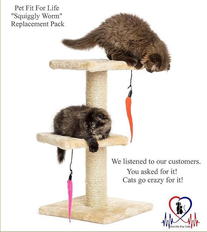 Pet Fit For Life - 5 Piece Kitten Toy Refill Pack - Replacement for Indoor Cat's Interactive Wand and Catch Wand - Features 5 Assorted Soft Squiggly Worm Attachments